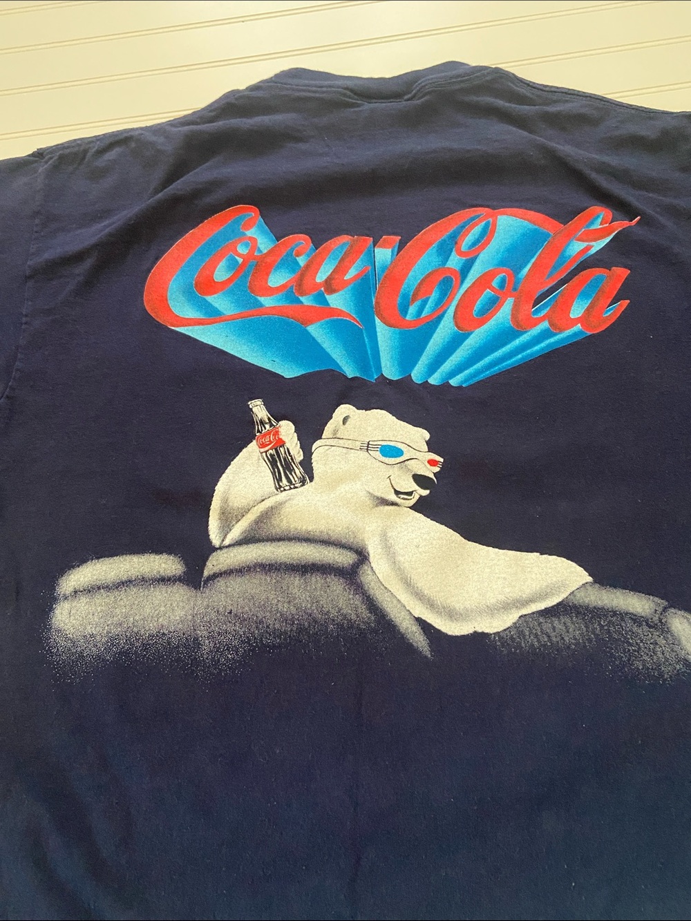 Vtg 1996 Coca Cola TShirt XL Navy Polar Bear 3D Glasses Double Sided Clean USA - Picture 2 of 10